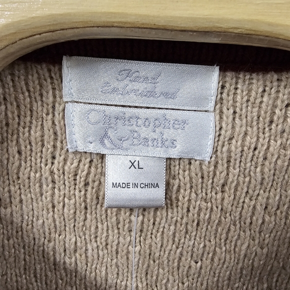 Vtg 80’s Christopher & Banks Tan Wool Ramie Embroidery Bird Cardigan Sz XL - Picture 5 of 9